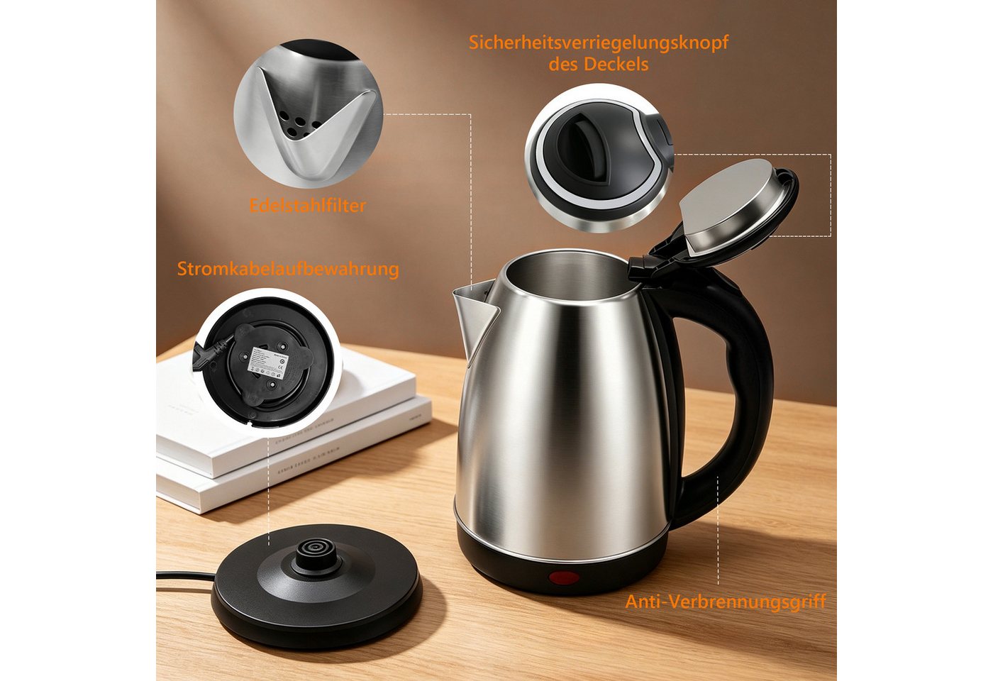 OZAVO Wasserkocher Edelstahl Wasserkocher 1.8L 1500W mit Kalkfilter und 360°-Basis, 1500 W, Abschaltautomatik,Trockenlaufschutz,100% BPA Frei Bild 3