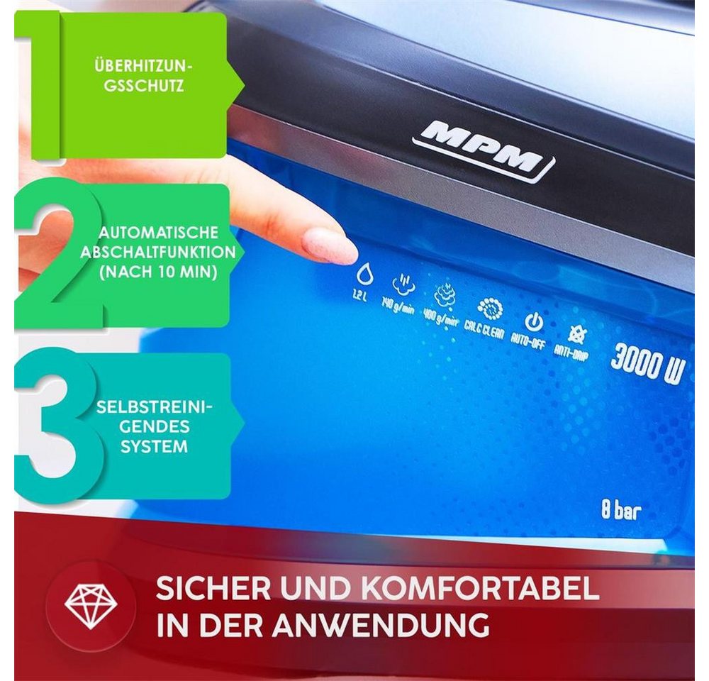 MPM Dampfbügeleisen MPM MZE-28 Dampfbügelstation 3000 W 8 bar Keramiksohle, 3000 W, 8 bar, 140 ± 10 g/min, 1,2-l-Wassertank, Keramiksohle Bild 5