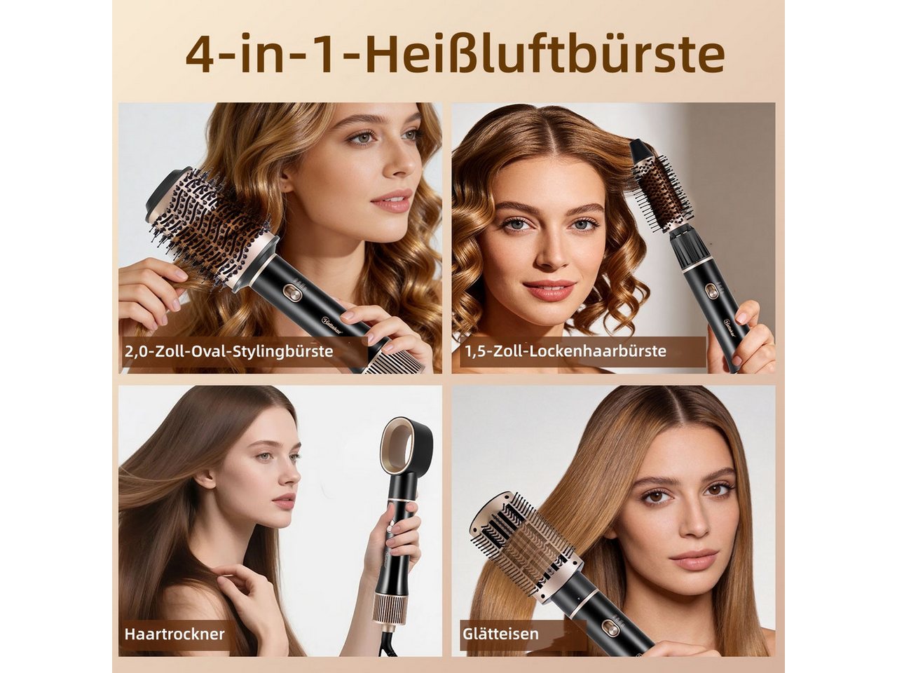 HATTEKER Warmluftbürste 4-in-1 HT-305, Multihaarstyler, Ionen-Technologie, 3 Temperaturstufen, Volumenbürste