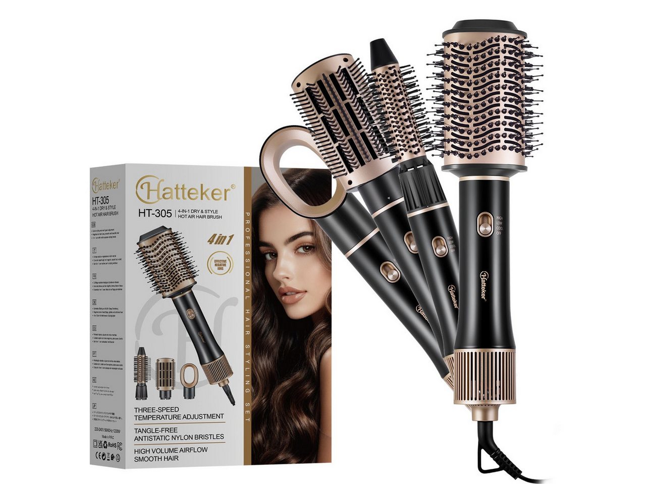 HATTEKER Warmluftbürste 4-in-1 HT-305, Multihaarstyler, Ionen-Technologie, 3 Temperaturstufen, Volumenbürste Bild 4