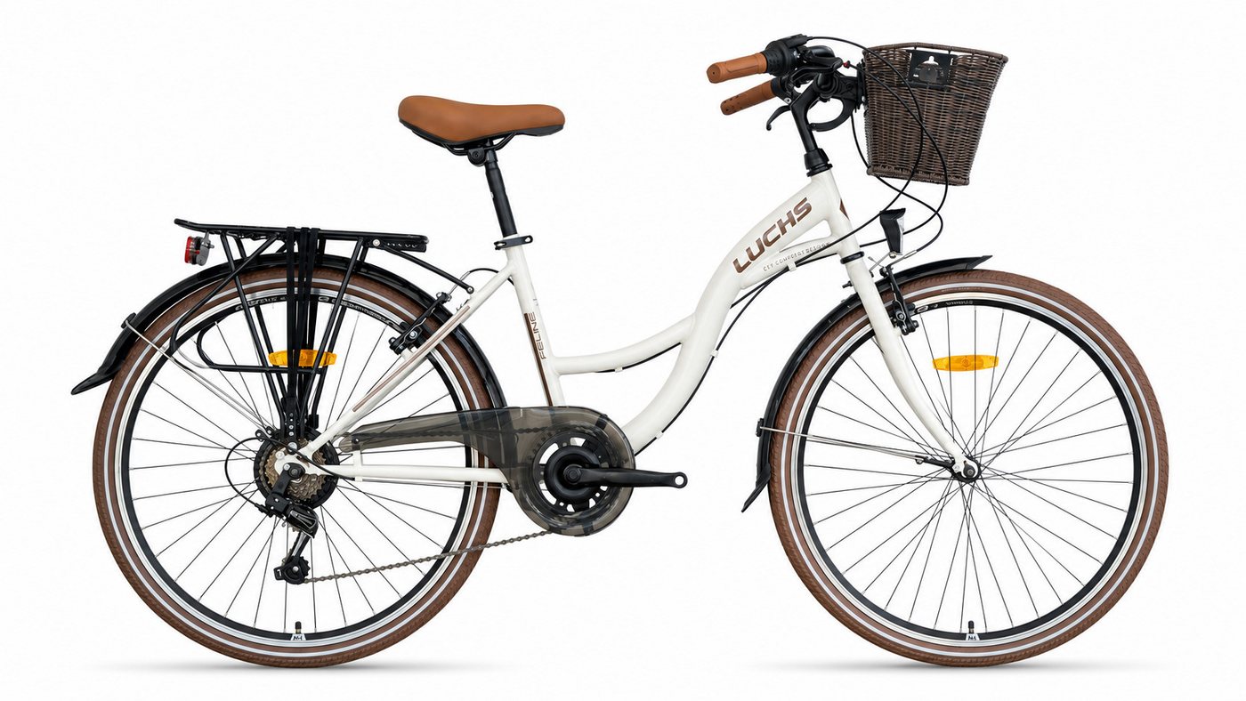 LUCHS Cityrad Feline Damenfahrrad 28 Zoll – Cityfahrrad Hollandrad – Damen Rad Ekru, 21 Gang Shimano, Kettenschaltung, 21 Gang SHIMANO, Frontkorb – Citybike für Alltag & Freizeit