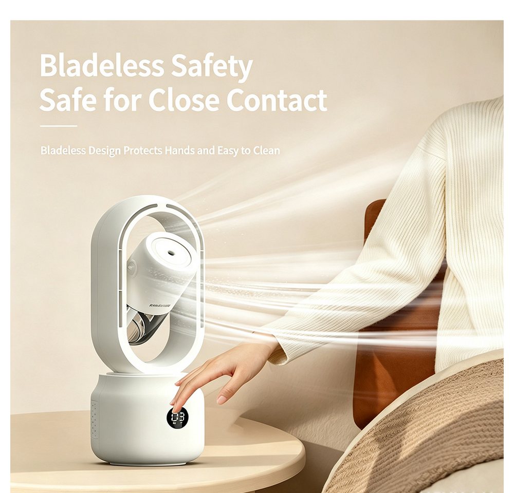 MOPUEA Turmventilator Blattloser Tischventilator mit Sprühnebel 3 Stufen 360° Luftstrom, 3 Windstufen 360° Luftstrom Sprühnebel leise USB-C Display Akku Licht.