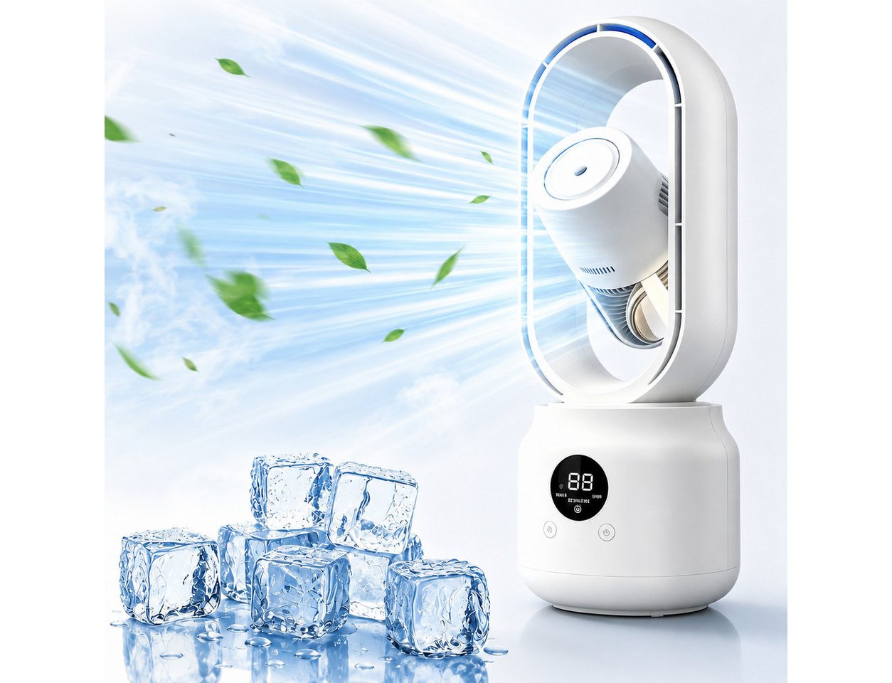 MOPUEA Turmventilator Blattloser Tischventilator mit Sprühnebel 3 Stufen 360° Luftstrom, 3 Windstufen 360° Luftstrom Sprühnebel leise USB-C Display Akku Licht. Bild 2