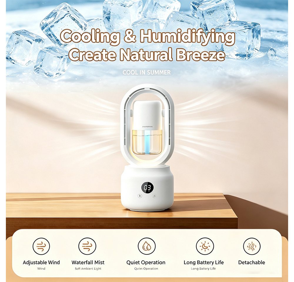 MOPUEA Turmventilator Blattloser Tischventilator mit Sprühnebel 3 Stufen 360° Luftstrom, 3 Windstufen 360° Luftstrom Sprühnebel leise USB-C Display Akku Licht. Bild 4