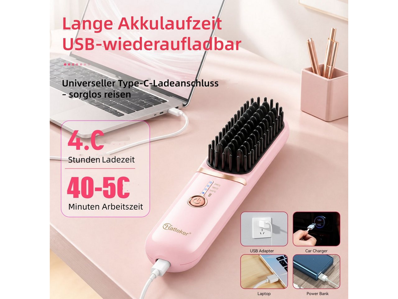 HATTEKER Elektrohaarbürste HT-151, Kabellose Glättbürste, 3 Temperaturstufen 160–200°C, USB-C