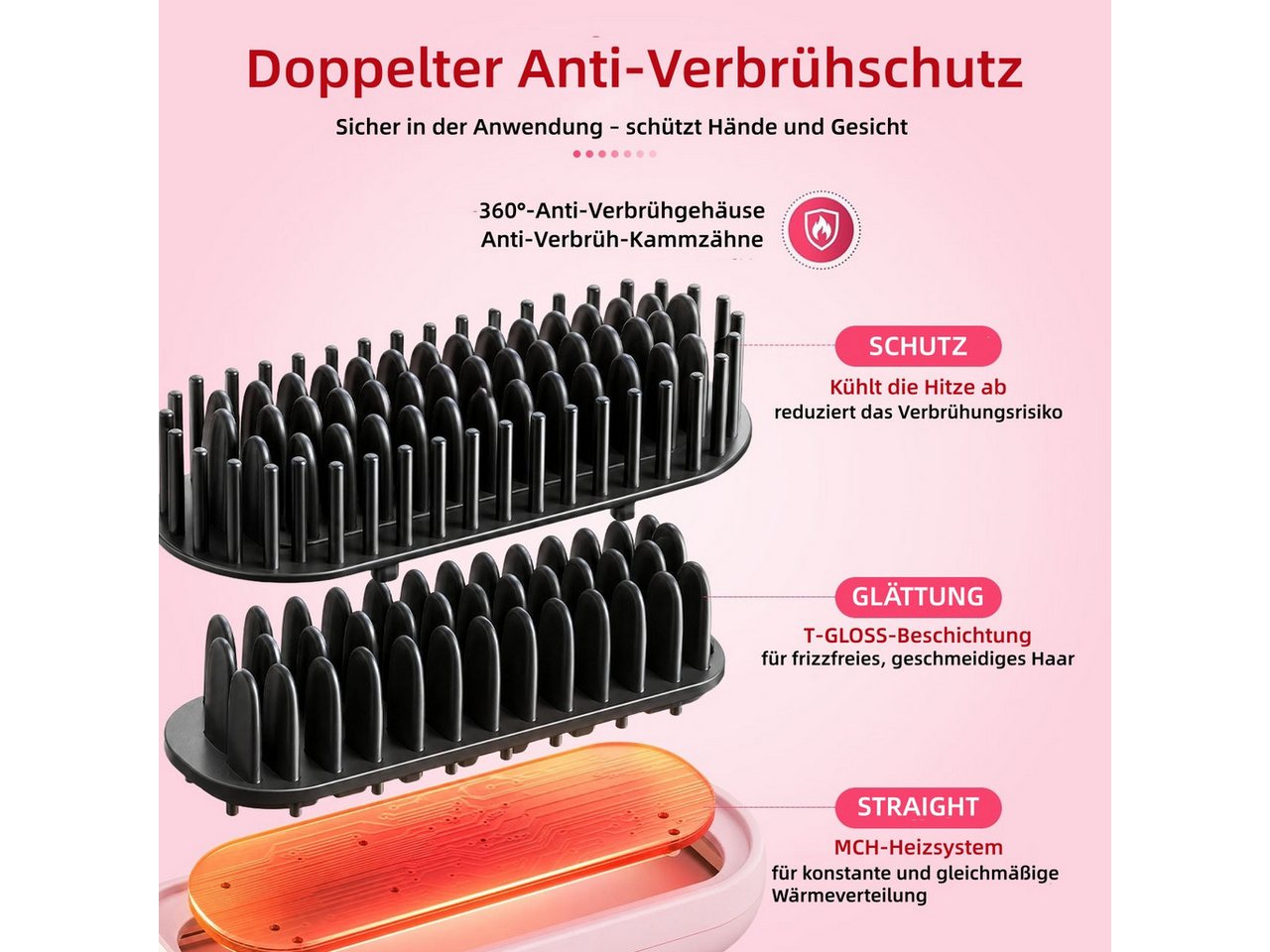 HATTEKER Elektrohaarbürste HT-151, Kabellose Glättbürste, 3 Temperaturstufen 160–200°C, USB-C Bild 4