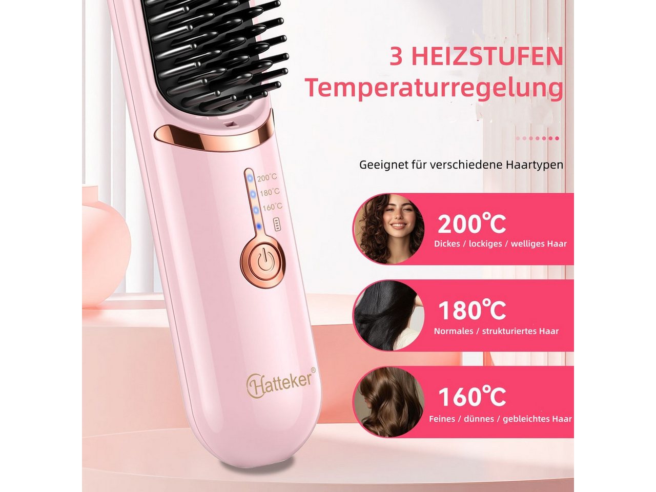 HATTEKER Elektrohaarbürste HT-151, Kabellose Glättbürste, 3 Temperaturstufen 160–200°C, USB-C Bild 5