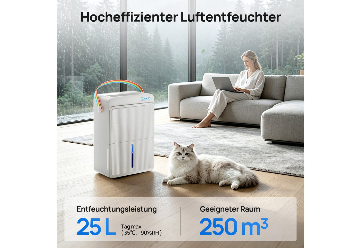 KNKA PRO Luftentfeuchter Luftentfeuchter Elektrisch Entfeuchter Leise,Dauerbetrieb, für 250 m³ Räume, Entfeuchtung 25 l/Tag, Tank 4 l, Timer,Wäschetrocknung,Schlafmodus Bild 4