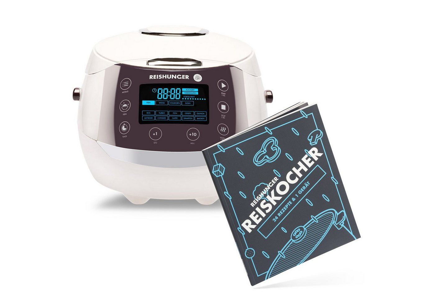 Reishunger Reiskocher großes digitales Modell – 1,5 L – Multikocher – 12 Programme –, 860 W, Timer- und Warmhaltefunktion, 7-Kochphasen-Technologie, LED-Display