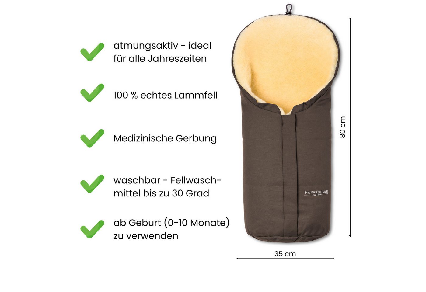 Hofbrucker seit 1948 Fußsack Lammfell-Fußsack Eskimo für Babyschale, Kinderwagen und Buggy, warmer Winterfußsack mit echtem Lammfell wasserabweisend mit mittigem Bild 2