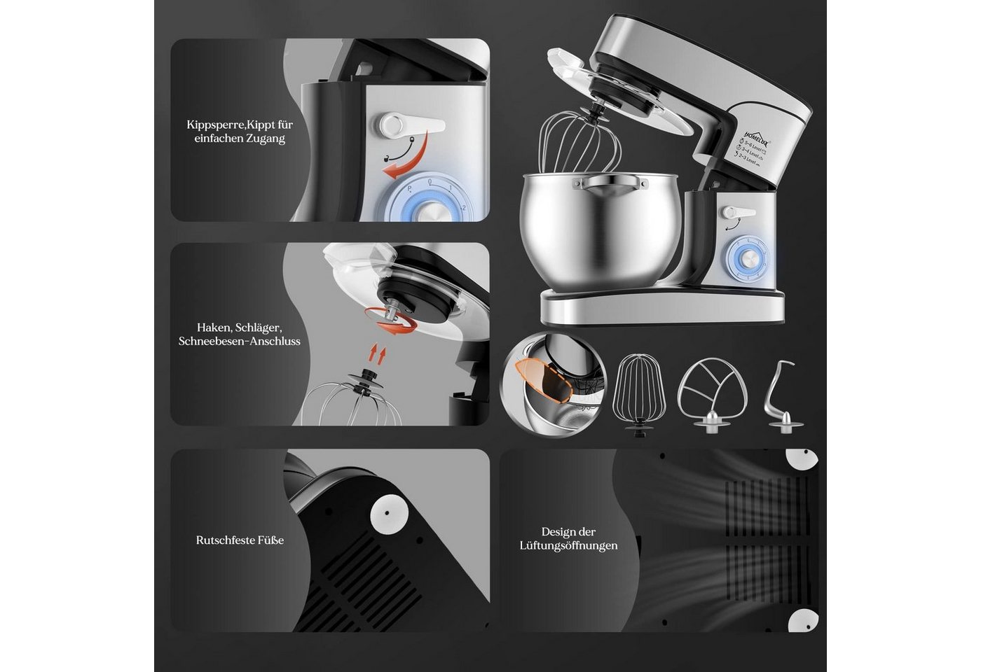 HOMELUX Küchenmaschine SC-667, 2500,00 W, 12,00 l Schüssel, inkl 3-Teiligem Patisserie-Set und Spritzschutz, mit Edelstahlschüssel Bild 2