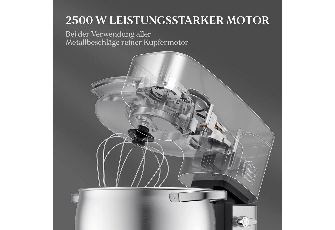 HOMELUX Küchenmaschine SC-667, 2500,00 W, 12,00 l Schüssel, inkl 3-Teiligem Patisserie-Set und Spritzschutz, mit Edelstahlschüssel Bild 4