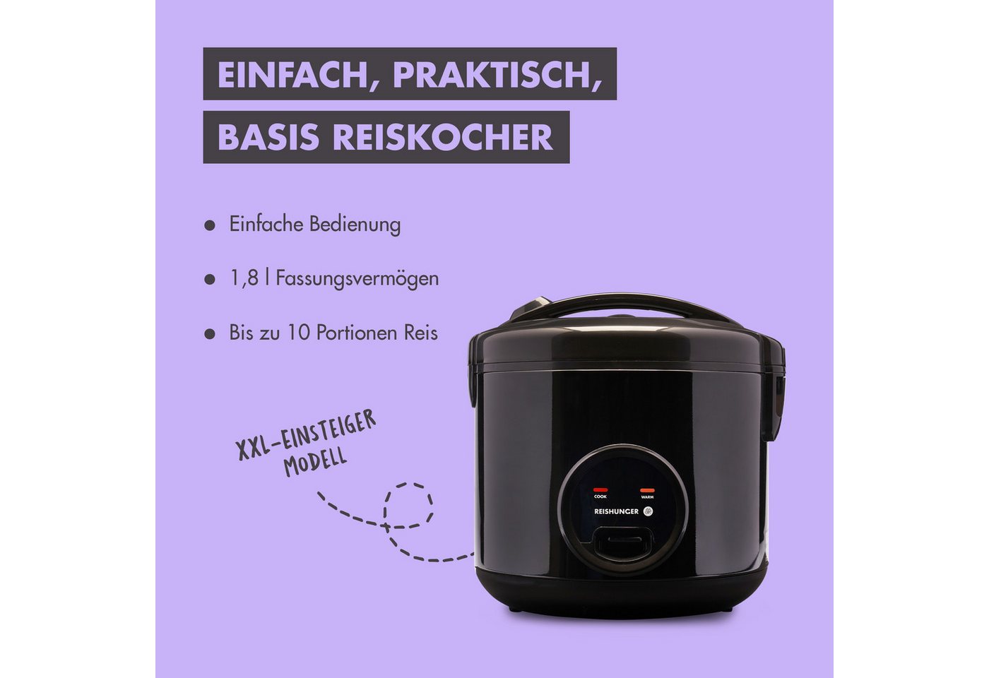 Reishunger Reiskocher großes Basismodell – Mit Keramikbeschichtung – 1,8 L –, 700,00 W, Mit Dampfgarfunktion & Warmhaltefunktion Bild 2
