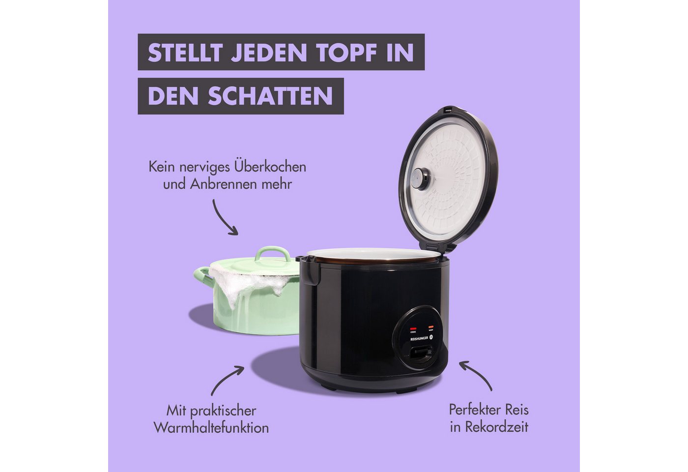 Reishunger Reiskocher großes Basismodell – Mit Keramikbeschichtung – 1,8 L –, 700,00 W, Mit Dampfgarfunktion & Warmhaltefunktion Bild 3