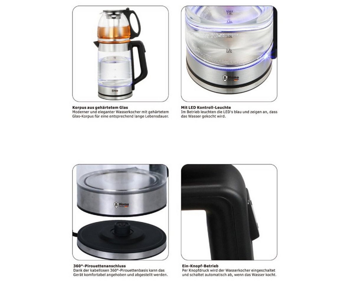 B-Home Wasserkocher Elektrischer Tee- & Wasserkocher aus Glas (1,8 L & 1,2 L) - 1500 Watt Bild 4