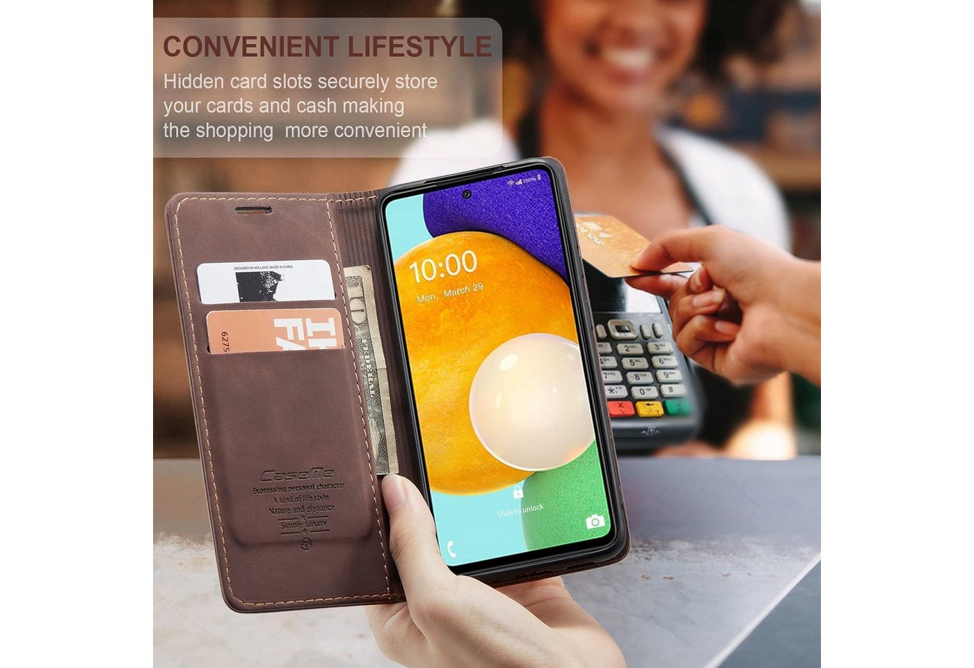 LuxusKollektion Flip Case Handyhülle Samsung Galaxy A53 5G Leder Magnet Kartenfach Stand Kaffee Bild 3