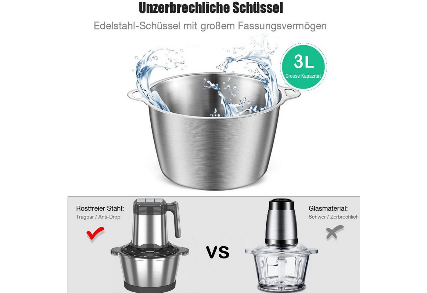 ibettertec Zerkleinerer Zerkleinerer Küche Elektrisch mit 2L Edelstahlschüssel und 4 Klingen, Multizerkleinerer mit 3 Geschwindigkeitsstufen,für Fleisch,Obst,Gemüse Bild 3