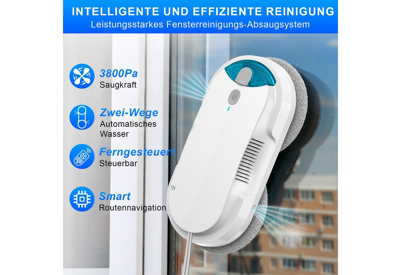 Grenintol Fensterputzroboter Automatischer Fensterputzroboter 3800PA,Fenstersauger mit Water Tank, (1-St) Fensterputzer Elektrisch mit Intelligentes Kantenerkennungssystem Bild 2