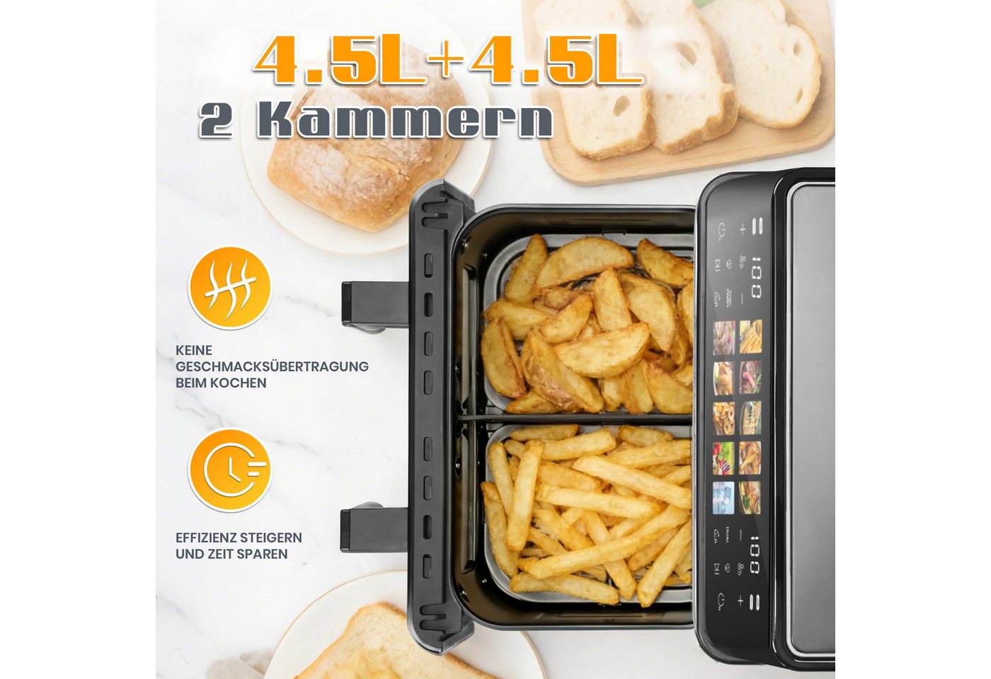 WHEELYOU Heißluftfritteuse 9L, 2000W Dual Airfryer mit 2×4,5L Körben, Sichtfenster & 10 Programmen, 2000 W, Doppelkammer-Fritteuse mit 360° Heißluft und Touchscreen Bild 2