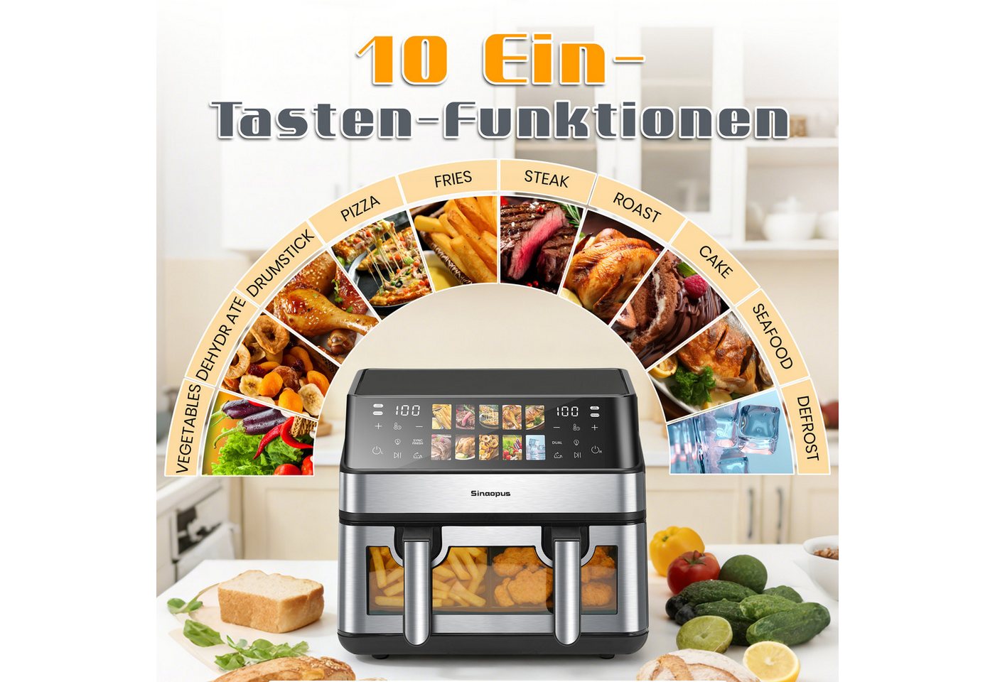 WHEELYOU Heißluftfritteuse 9L, 2000W Dual Airfryer mit 2×4,5L Körben, Sichtfenster & 10 Programmen, 2000 W, Doppelkammer-Fritteuse mit 360° Heißluft und Touchscreen Bild 3