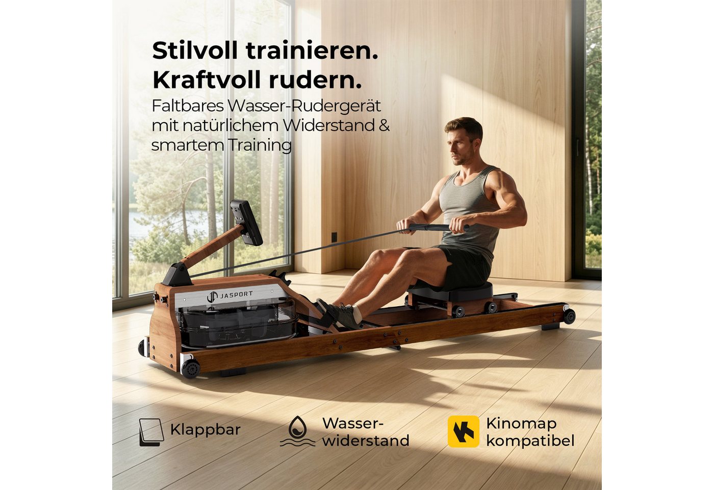 JASPORT Rudergerät M1 Wasserwiderstand aus Holz, klappbar, LCD, für Zuhause, bis 150 kg (Mit Smartphone-/Tablet-Halterung und Transportrollen), FSC-Holz, 20-l-Wassertank, Kinomap, bis 150 kg belastbar