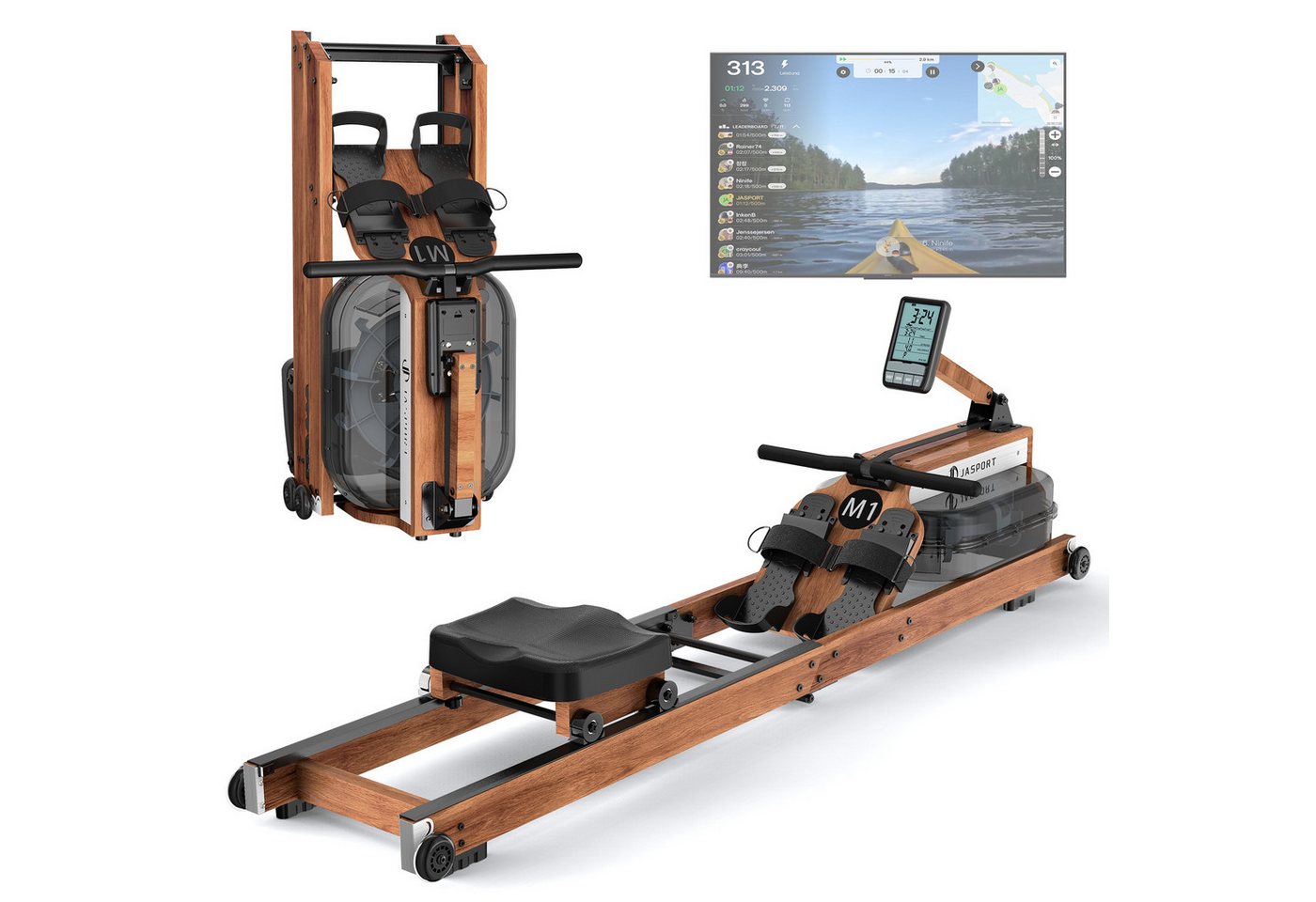 JASPORT Rudergerät M1 Wasserwiderstand aus Holz, klappbar, LCD, für Zuhause, bis 150 kg (Mit Smartphone-/Tablet-Halterung und Transportrollen), FSC-Holz, 20-l-Wassertank, Kinomap, bis 150 kg belastbar Bild 2
