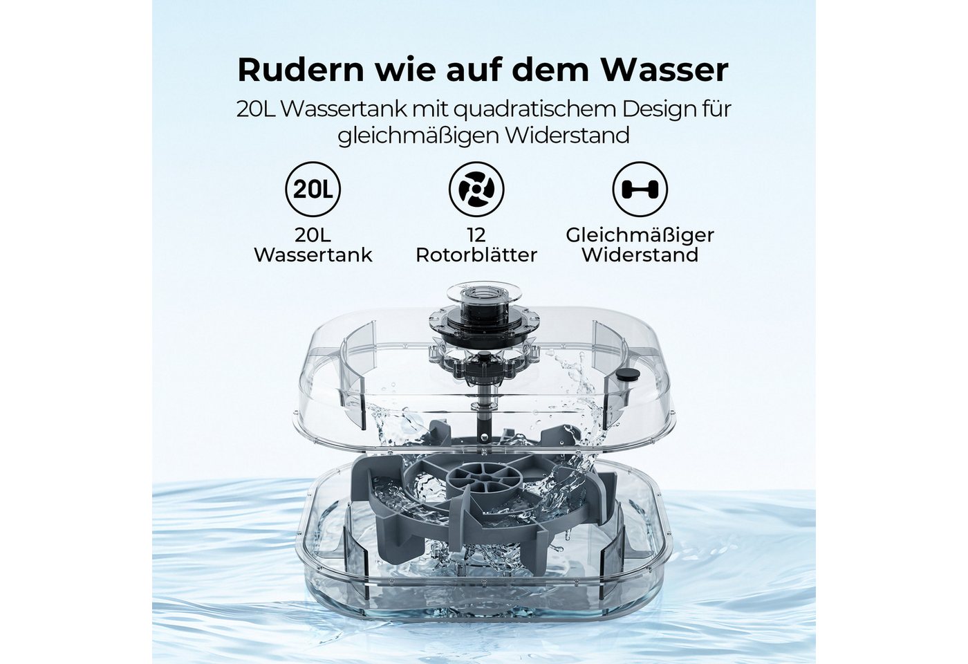 JASPORT Rudergerät M1 Wasserwiderstand aus Holz, klappbar, LCD, für Zuhause, bis 150 kg (Mit Smartphone-/Tablet-Halterung und Transportrollen), FSC-Holz, 20-l-Wassertank, Kinomap, bis 150 kg belastbar Bild 3