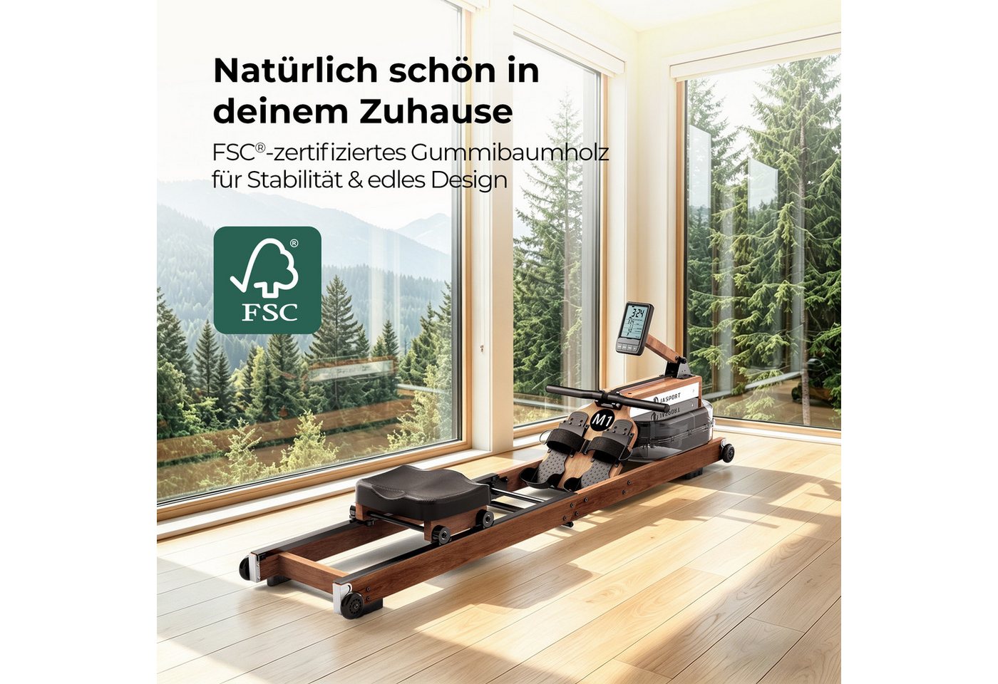 JASPORT Rudergerät M1 Wasserwiderstand aus Holz, klappbar, LCD, für Zuhause, bis 150 kg (Mit Smartphone-/Tablet-Halterung und Transportrollen), FSC-Holz, 20-l-Wassertank, Kinomap, bis 150 kg belastbar Bild 4
