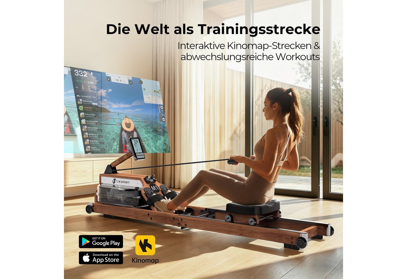 JASPORT Rudergerät M1 Wasserwiderstand aus Holz, klappbar, LCD, für Zuhause, bis 150 kg (Mit Smartphone-/Tablet-Halterung und Transportrollen), FSC-Holz, 20-l-Wassertank, Kinomap, bis 150 kg belastbar Bild 5