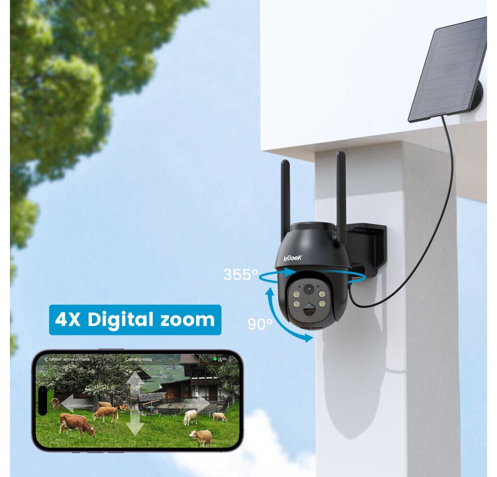 TWUFY IP-Überwachungskamera 4G LTE Überwachungskamera Aussen Akku mit SIM Karte (Außenbereich, 2K Kabellos Solar PTZ Kamera Ohne WLAN Outdoor, 1-tlg., 355°/100° Schwenkbar, Farb-Nachtsicht, Lokaler/Cloud Speicher, Audio, PIR Erkennung,Solar PTZ IP Kamera Outdoor)