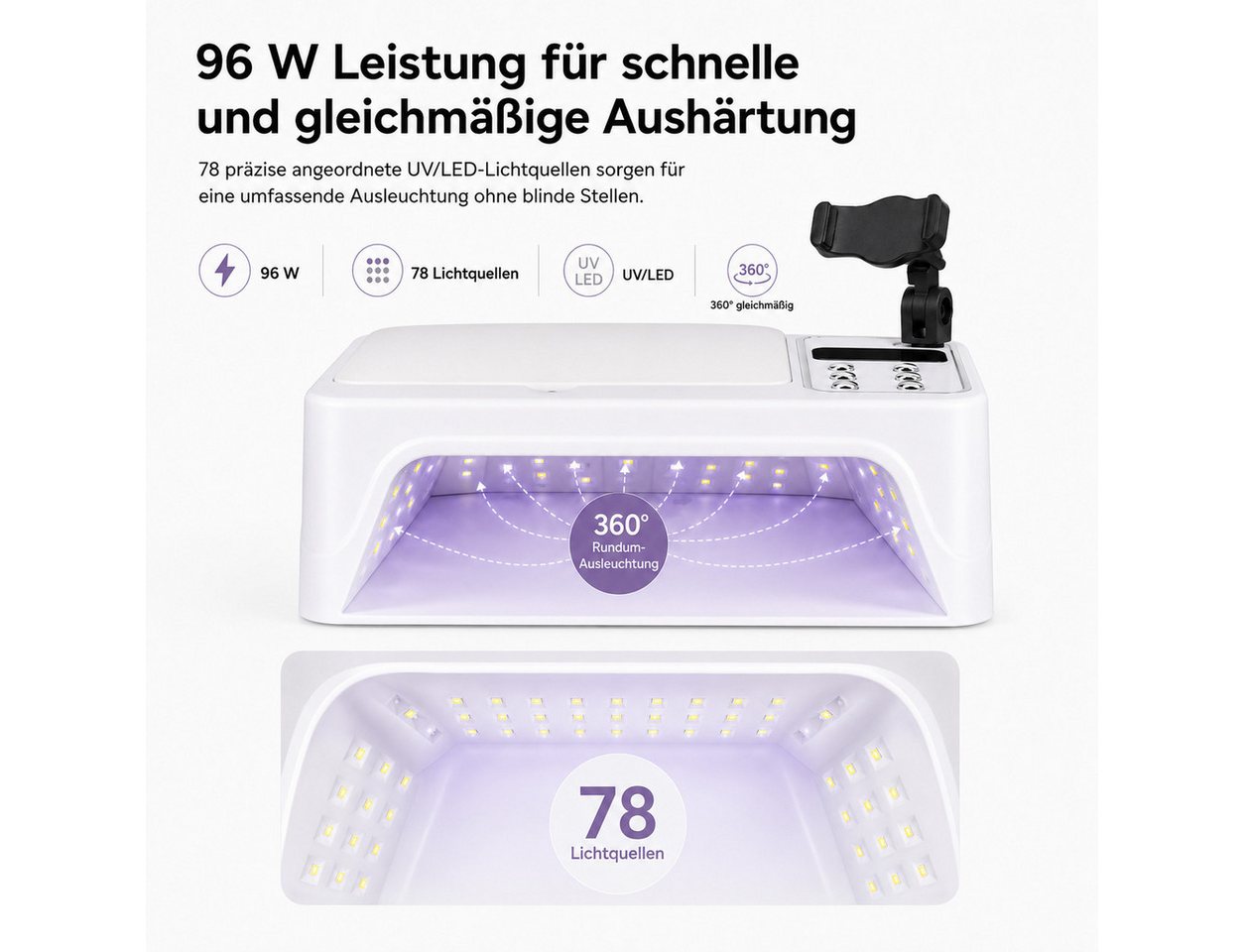 Tekoo Lichthärtungsgerät UV LED Nagelhärter 96W mit Handyständer, abnehmbarer Bodenplatte, Schmerzfrei-Modus, UV/LED Dual-Lichtquelle, 360-Grad-Ausleuchtung Bild 5