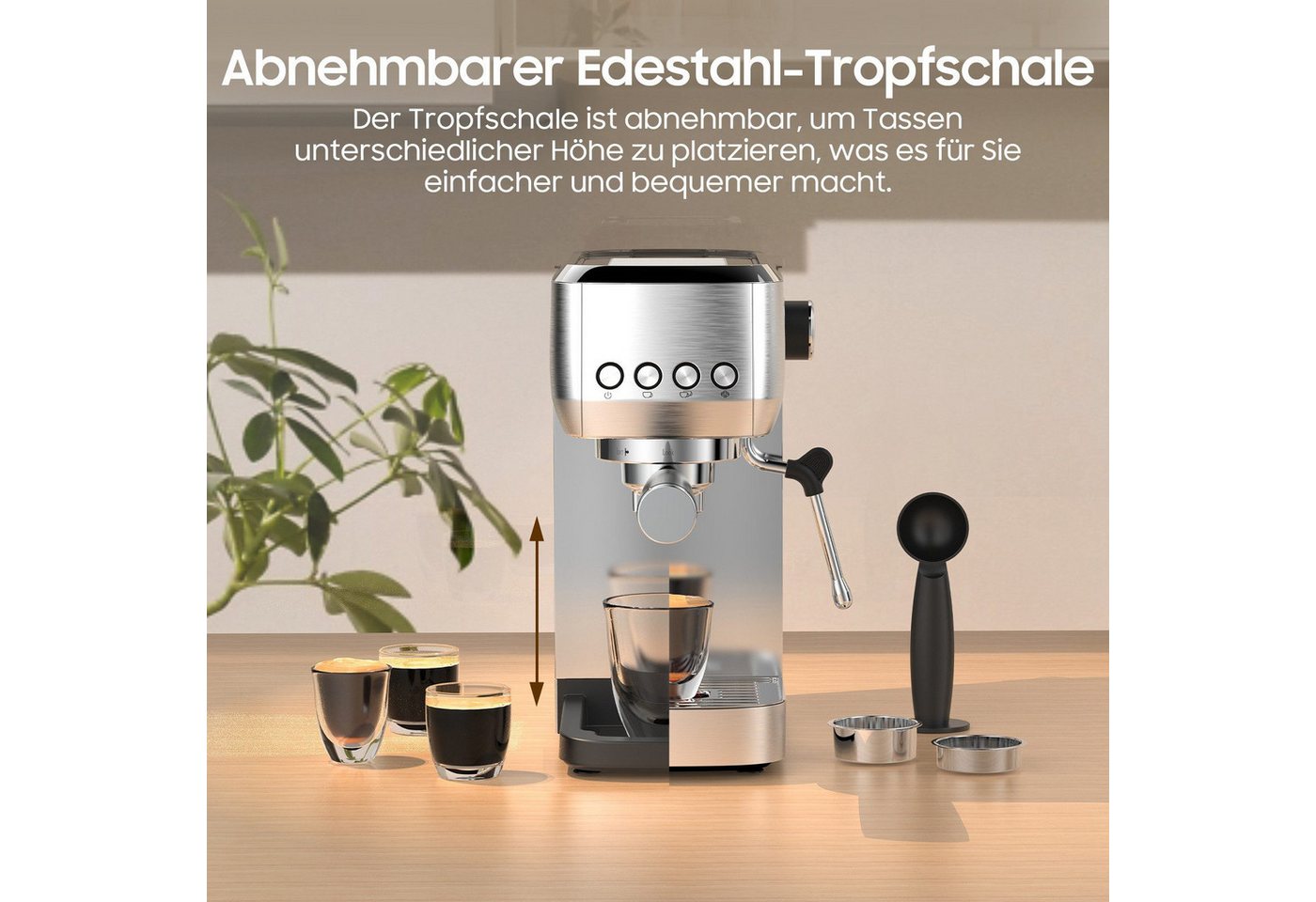 AIMAX Espressomaschine Siebträgermaschine 20 Bar – Kaffeemaschine aus Edelstahl mit Milchaufschäumer, Klassische Tastensteuerung, Kaffeekanne, Edelstahlfilter 51mm, 1350 W, 1,3L Wassertank, für Espresso, Latte Macchiato & Cappuccino