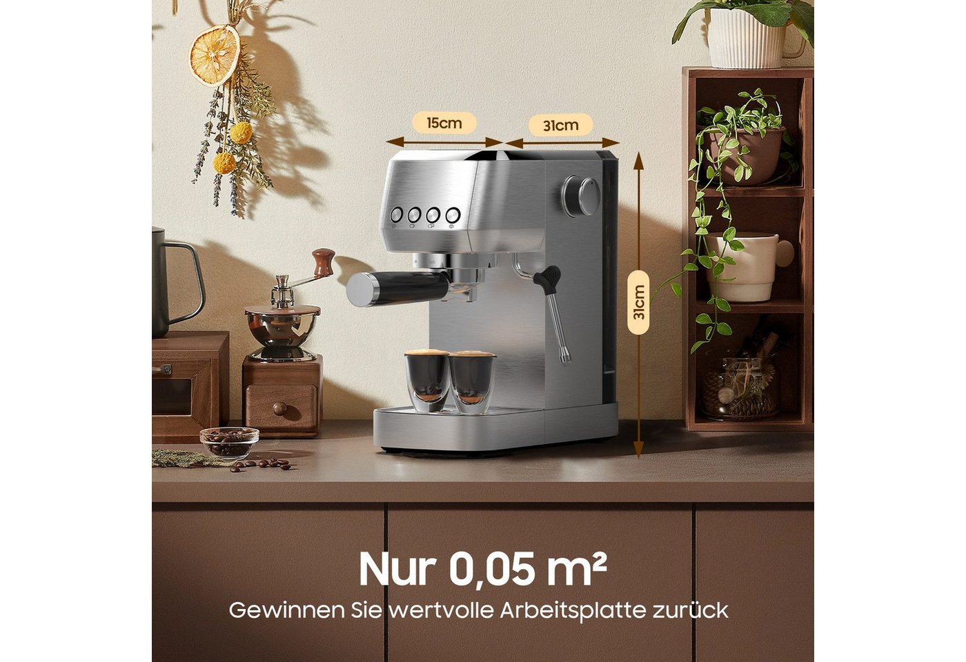 AIMAX Espressomaschine Siebträgermaschine 20 Bar – Kaffeemaschine aus Edelstahl mit Milchaufschäumer, Klassische Tastensteuerung, Kaffeekanne, Edelstahlfilter 51mm, 1350 W, 1,3L Wassertank, für Espresso, Latte Macchiato & Cappuccino Bild 2