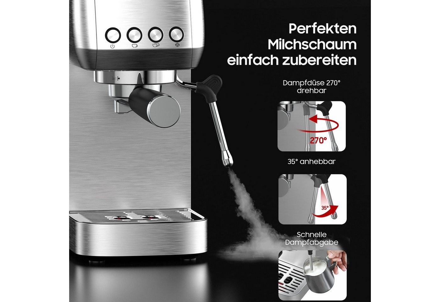 AIMAX Espressomaschine Siebträgermaschine 20 Bar – Kaffeemaschine aus Edelstahl mit Milchaufschäumer, Klassische Tastensteuerung, Kaffeekanne, Edelstahlfilter 51mm, 1350 W, 1,3L Wassertank, für Espresso, Latte Macchiato & Cappuccino Bild 4