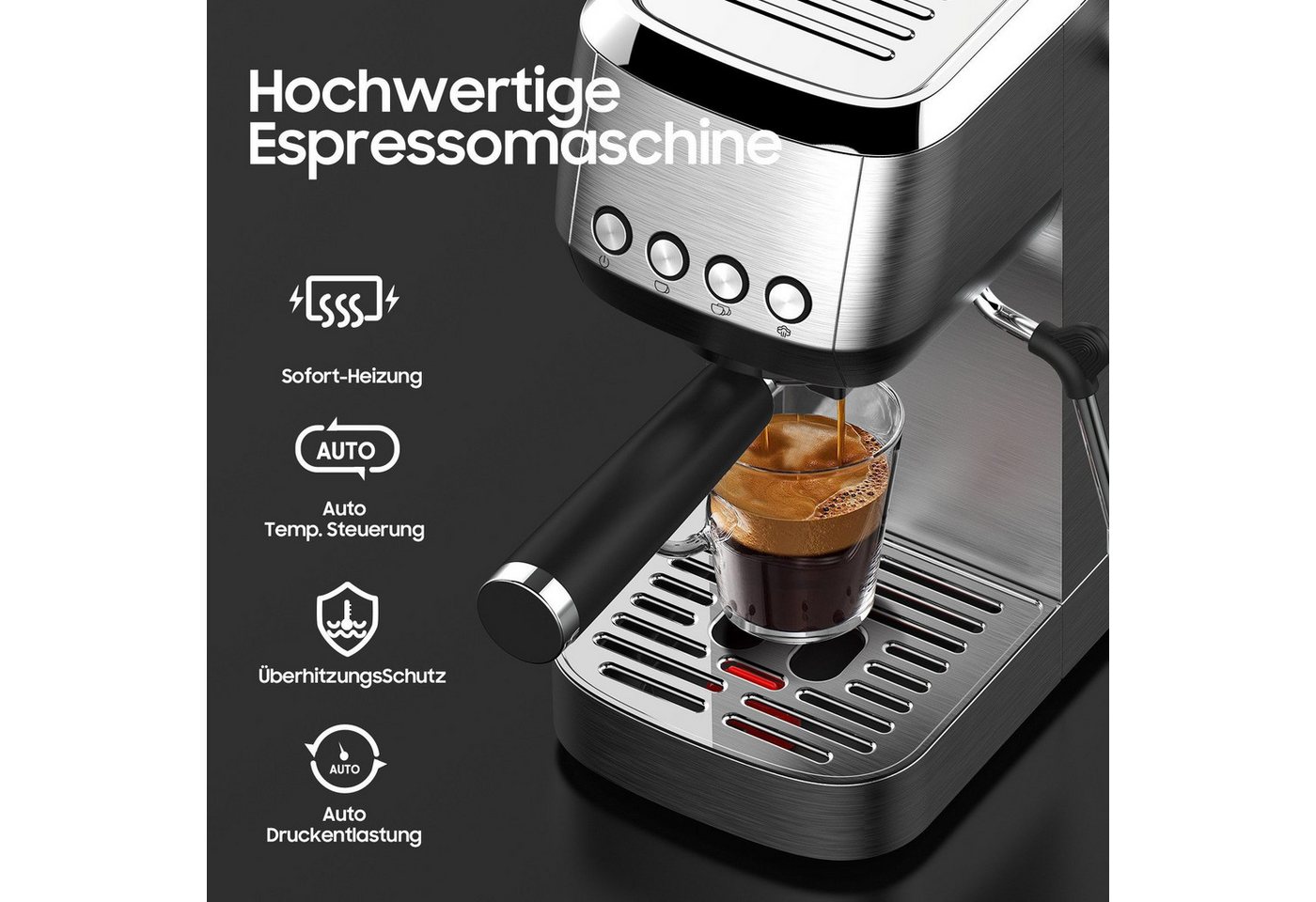 AIMAX Espressomaschine Siebträgermaschine 20 Bar – Kaffeemaschine aus Edelstahl mit Milchaufschäumer, Klassische Tastensteuerung, Kaffeekanne, Edelstahlfilter 51mm, 1350 W, 1,3L Wassertank, für Espresso, Latte Macchiato & Cappuccino Bild 5