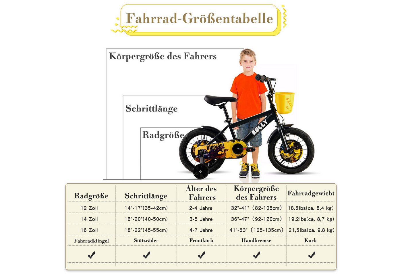 Vankel Kinderfahrrad 12-16 Zoll, ab 2 Jahren, BMX-Design, mit Stützrädern & Rücktrittbremse, 1 Gang, Jungenfahrrad mit Korb, Schutzbleche, Kettenschutz Bild 4
