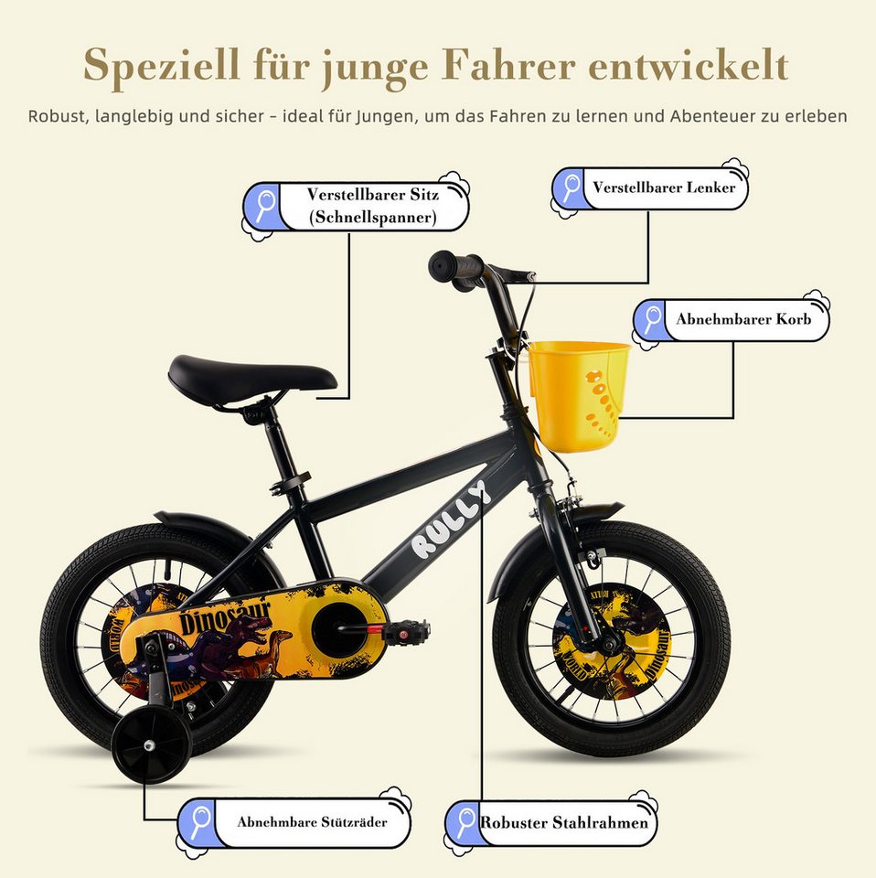 Vankel Kinderfahrrad 12-16 Zoll, ab 2 Jahren, BMX-Design, mit Stützrädern & Rücktrittbremse, 1 Gang, Jungenfahrrad mit Korb, Schutzbleche, Kettenschutz Bild 5
