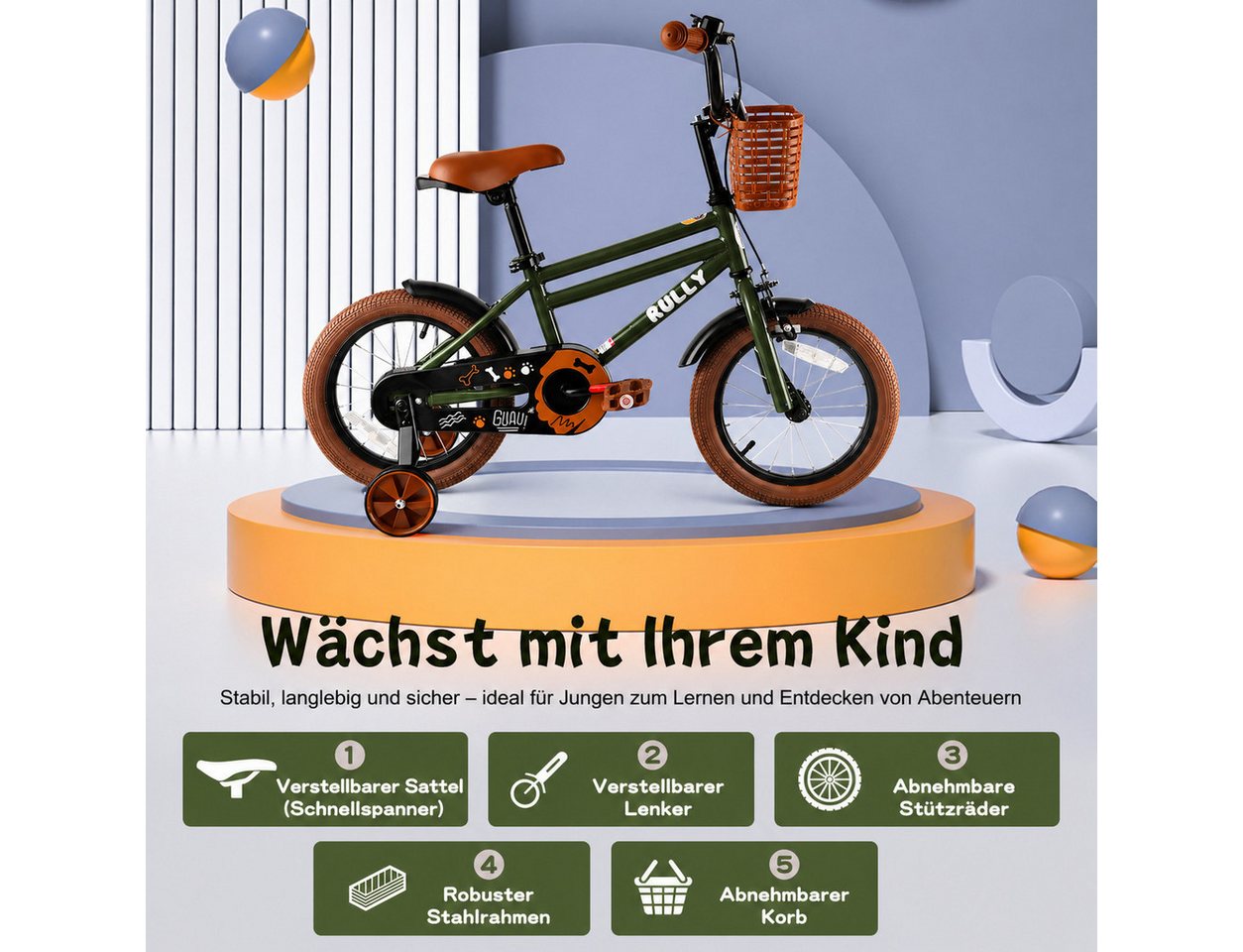 Vankel Kinderfahrrad 12-16 Zoll, für Jungen, Mit Stützrädern, Korb, Kettenschutz, 1 Gang, kindgerechtem Bremssystem Bild 2