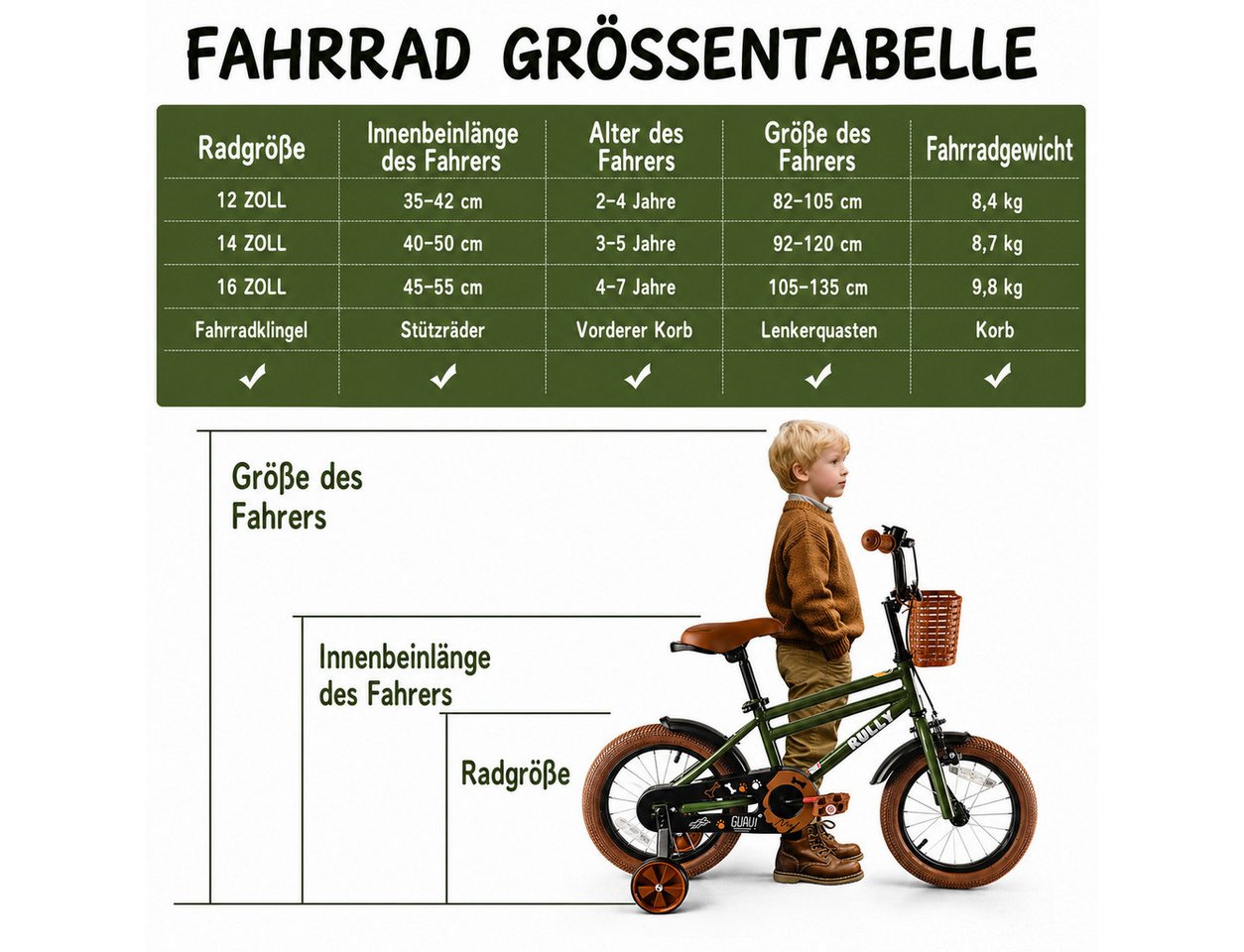 Vankel Kinderfahrrad 12-16 Zoll, für Jungen, Mit Stützrädern, Korb, Kettenschutz, 1 Gang, kindgerechtem Bremssystem Bild 3