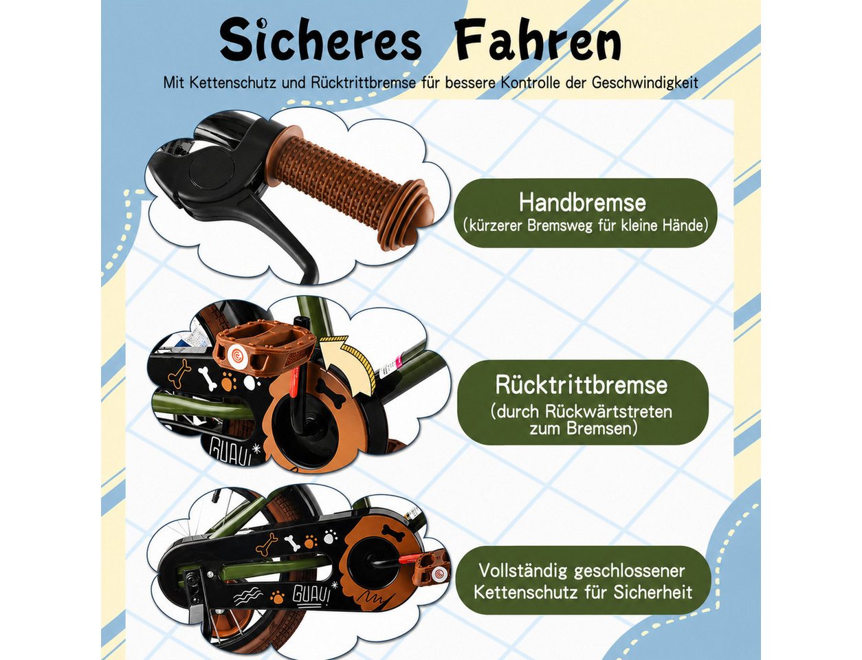 Vankel Kinderfahrrad 12-16 Zoll, für Jungen, Mit Stützrädern, Korb, Kettenschutz, 1 Gang, kindgerechtem Bremssystem Bild 4