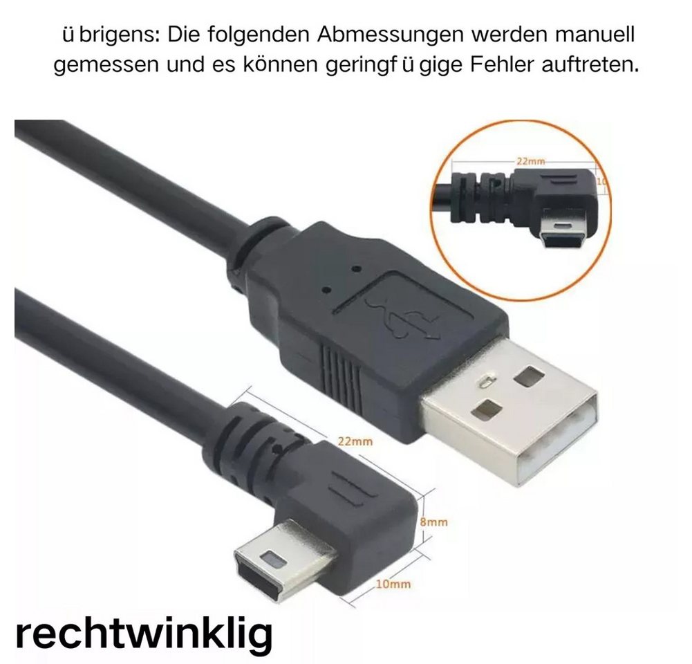 Bolwins J23 USB 2.0 A zu Mini USB Kabel Adapter 50cm für Dashcam GPS Navi mp3 USB-Kabel, USB 2.0 Typ A Stecker, Mini USB 5 Pin Stecker rechts abgewinkelt, Keine Kupplung, Kabel mit festen Steckern (50 cm), 90° Winkelstecker, platzsparend, flexibel, ideal für enge Bereiche