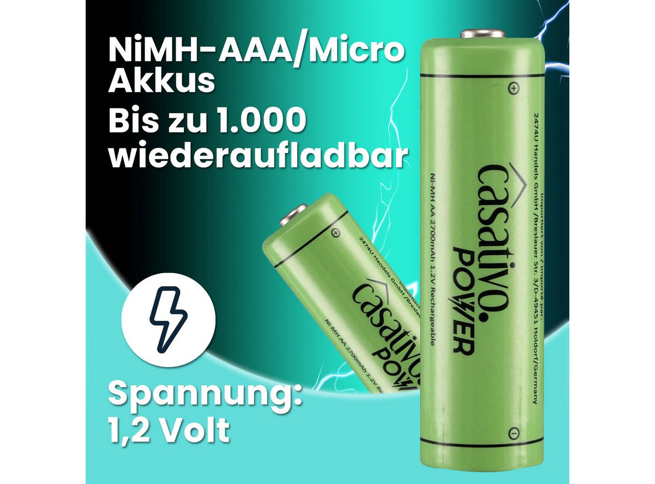 Casativo AAA Akkus 1100 mAh Micro Batterien Wiederaufladbar mit Case 4/8/20 St. Akku (20 St), AAA Micro Akkus - bis zu 1.000 Ladezyklen