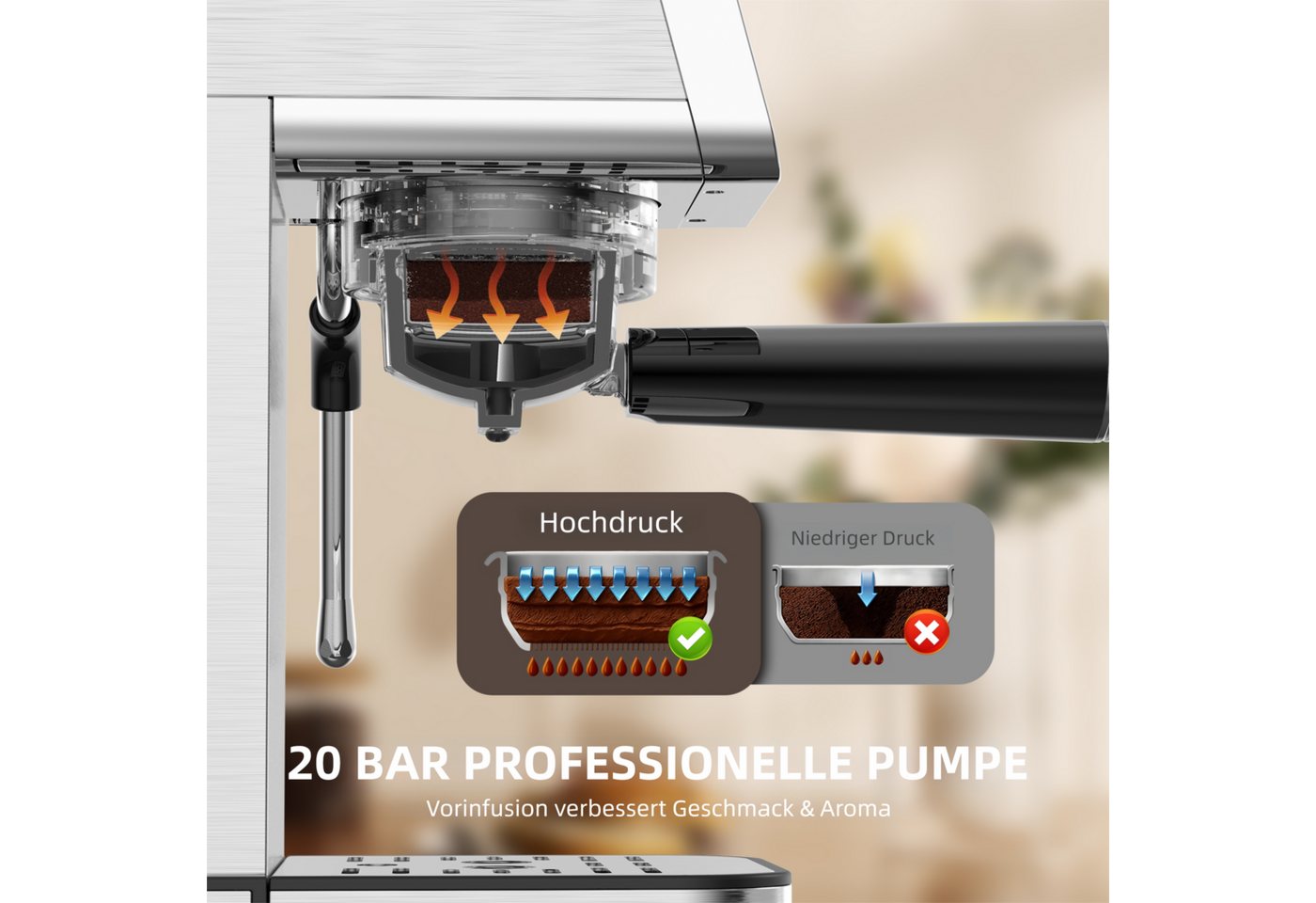 CHEFFANO Espressomaschine 20 Bar, Edelstahl Siebträgermaschine mit Milchaufschäumer, Extraktion