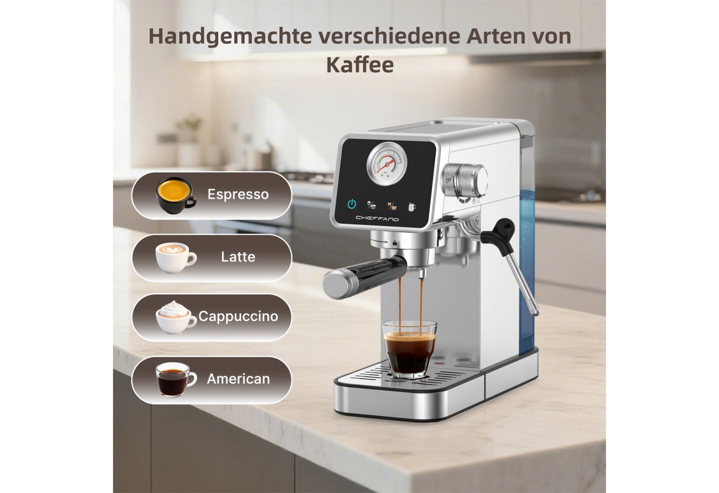 CHEFFANO Espressomaschine 20 Bar, Edelstahl Siebträgermaschine mit Milchaufschäumer, Extraktion Bild 2