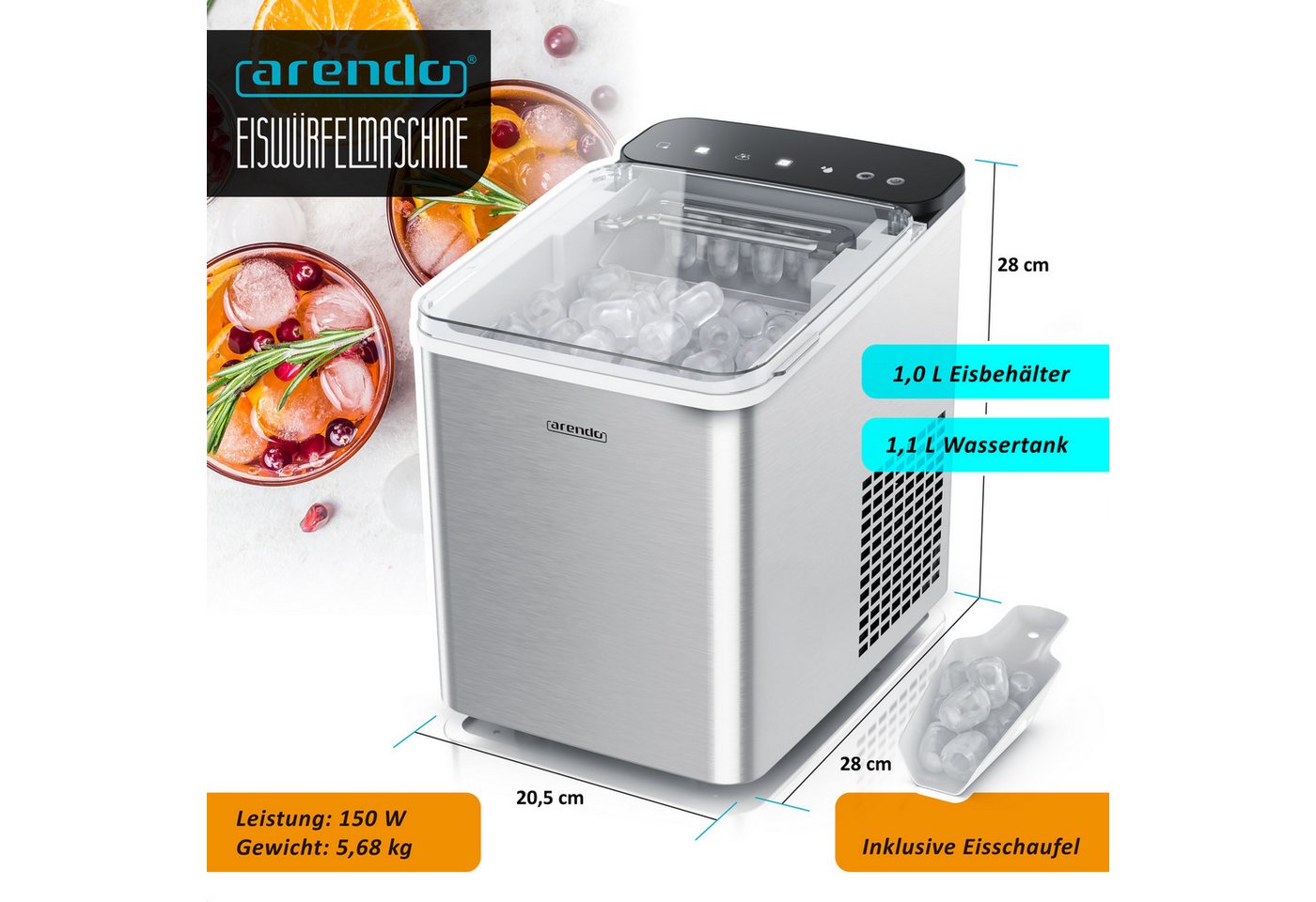 Arendo Eiswürfelmaschine Ice Maker Eiswürfelbereiter, max. 12kg Eiswürfe pro Tag, 1,1L Behälter, Automatische Abschaltung, Sichtfenster, Clean-Funktion, Warnfunktion