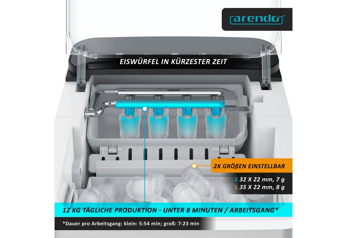 Arendo Eiswürfelmaschine Ice Maker Eiswürfelbereiter, max. 12kg Eiswürfe pro Tag, 1,1L Behälter, Automatische Abschaltung, Sichtfenster, Clean-Funktion, Warnfunktion Bild 2