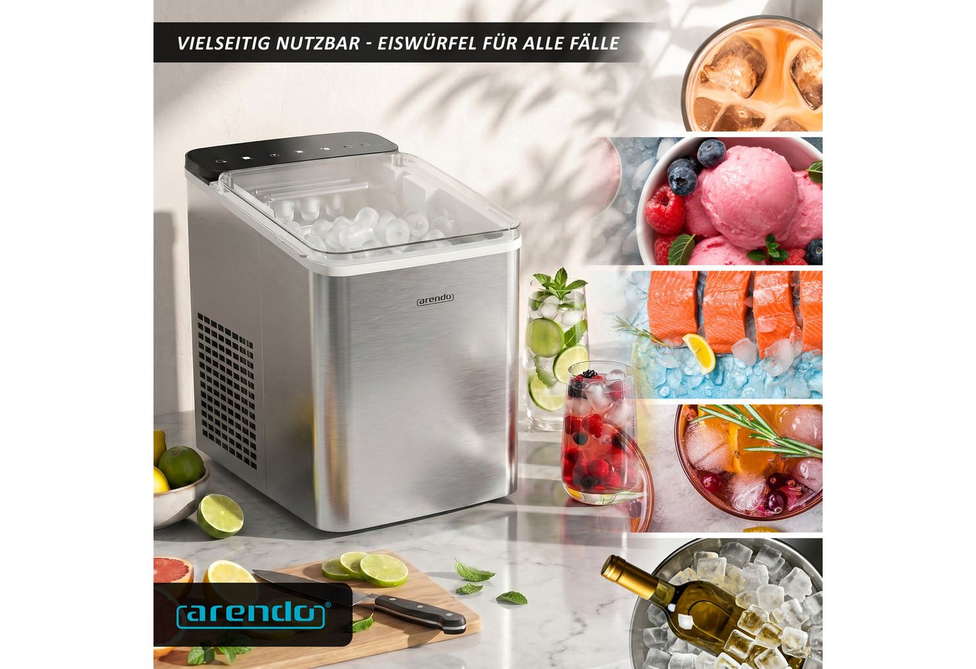 Arendo Eiswürfelmaschine Ice Maker Eiswürfelbereiter, max. 12kg Eiswürfe pro Tag, 1,1L Behälter, Automatische Abschaltung, Sichtfenster, Clean-Funktion, Warnfunktion Bild 3