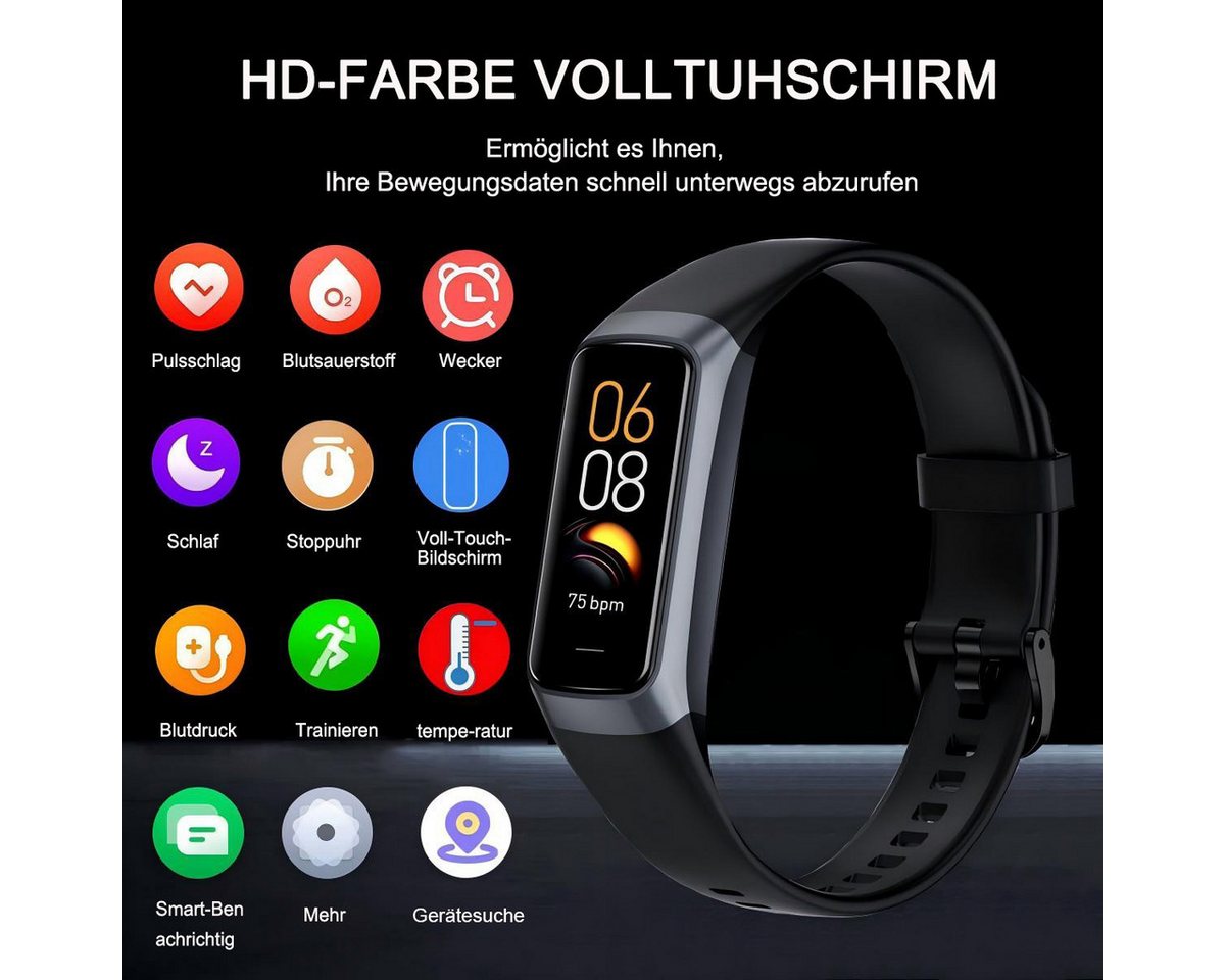 Futicare Fitness-Tracker Smartwatch mit 24/7 Herzfrequenz- & Blutsauerstoffmessung (Schlafmonitor, 1,1" AMOLED Touchscreen, 25 Sportmodi, Schrittzähler & IP68 wasserdicht für Damen & Herren)