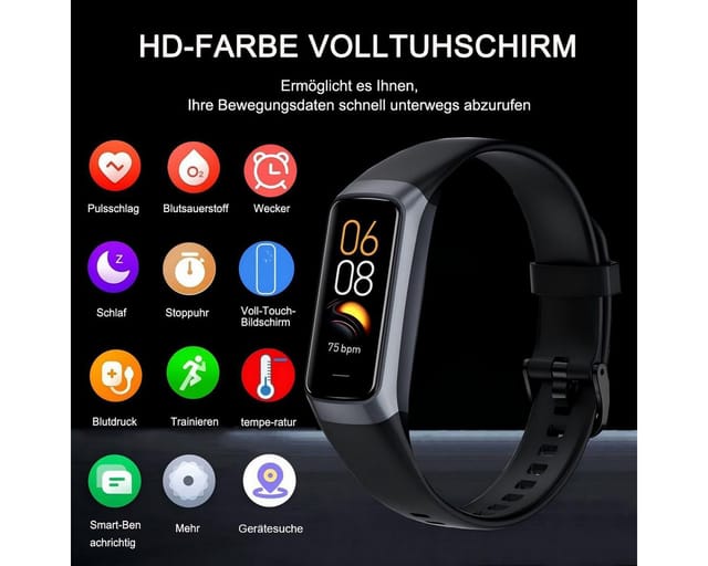 Futicare Fitness-Tracker Smartwatch mit 24/7 Herzfrequenz- & Blutsauerstoffmessung (Schlafmonitor, 1,1" AMOLED Touchscreen, 25 Sportmodi, Schrittzähler & IP68 wasserdicht für Damen & Herren)