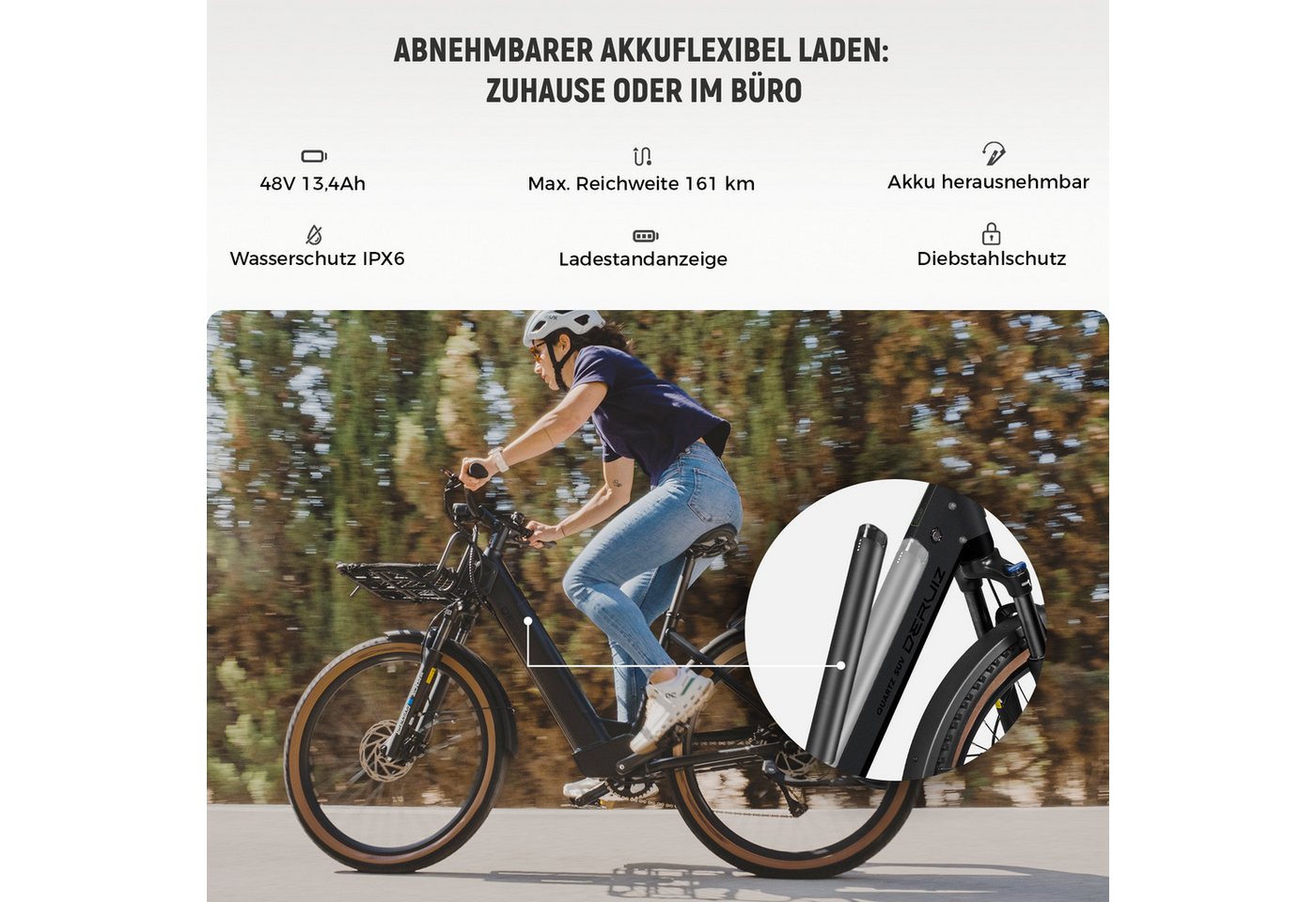 DERUIZ E-Bike Trekkingrad Quartz SUV 27,5 Zoll, bis 160 km, Drehmomentsensor, RH 46 cm, 8 Gang Shimano, Kettenschaltung, Heckmotor 250W, 644 Wh, (5 Stufen,Lockout-Federgabel,LCD-Farb-Display,120 Lux Frontlicht) Bild 5